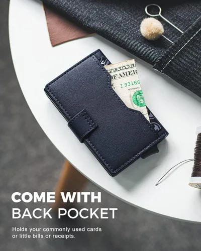 Vista 6 de VULKIT Cartera desplegable con ranuras de cuero, bloqueo RFID, funda de metal delgada para tarjetas