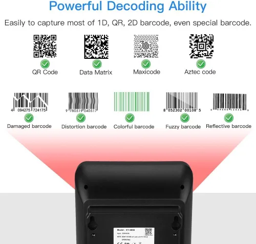 Vista 5 de Eyoyo Escáner de código de barras QR 2D manos libres, lector de código de barras automático 1D de escritorio omnidireccional Ventana de escaneo