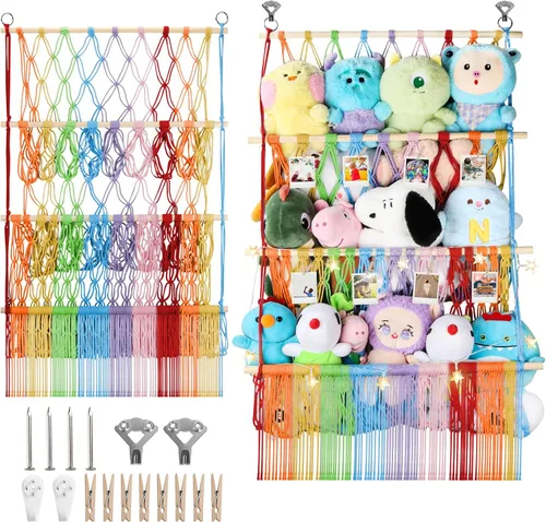 Vista 16 de Red de almacenamiento de animales de peluche de 2 niveles, 17 x 32 pulgadas, organizador grande de animales de peluche para pequeños rellenos