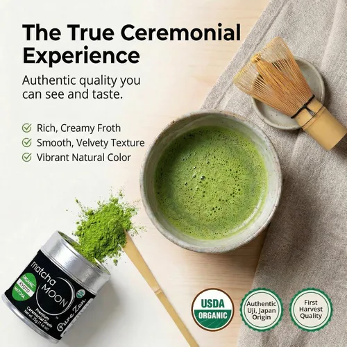 Vista 4 de Matcha Moon Pure Zen Ceremonial Grade Matcha Powder Té verde japonés tradicional orgánico orgánico USDA Primera cosecha Uji Kyoto Proveniente
