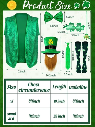 Vista 2 de Yinder Juego de 8 piezas de disfraz del día de San Patricio, chaleco de lentejuelas, sombrero de duende de trébol, lentes de bigote de imitación