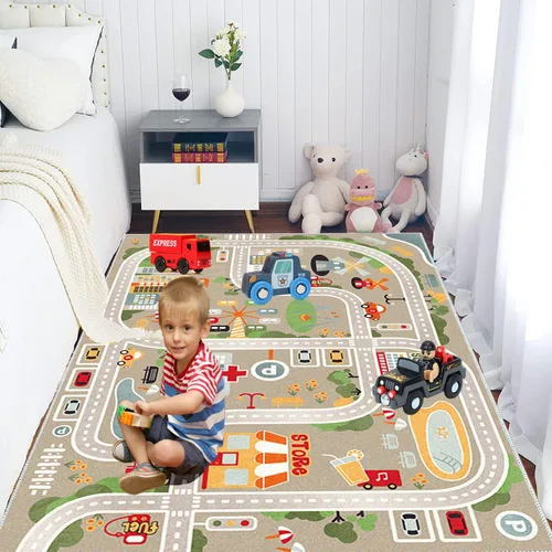 Vista 5 de Alfombra de juegos para niños, alfombra de juego para autos de juguete y trenes, alfombra de área de juegos con respaldo de goma, alfombra
