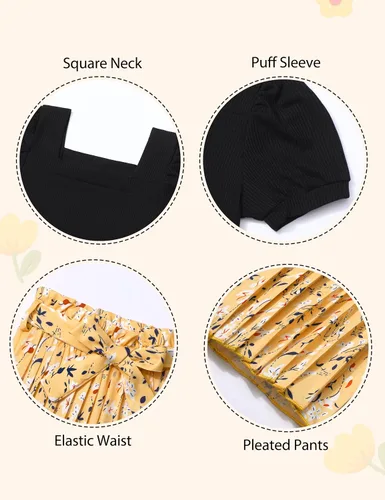 Vista 10 de DONWEN Conjunto de 3 piezas de ropa para niñas pequeñas y niñas con cuello cuadrado + pantalones elegantes + diadema para primavera y verano