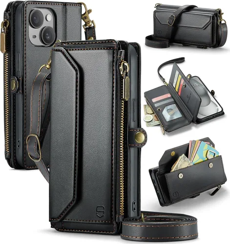 Vista 22 de Strapurs - Funda magnética desmontable para iPhone 15, color negro Compatible with Magsafe, Crossbody Wrist Strap, RFID Blocking 9-Card Holder