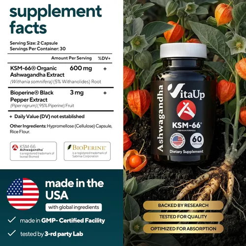 Vista 2 de VitaUp Ashwagandha KSM 66 con pimienta negra – Suplementos KSM-66 Ashwagandha fabricados en Estados Unidos para energía, relajación y función