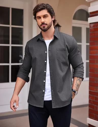 Vista 3 de COOFANDY Camisa vaquera de manga larga con botones para hombre, camisa de trabajo occidental