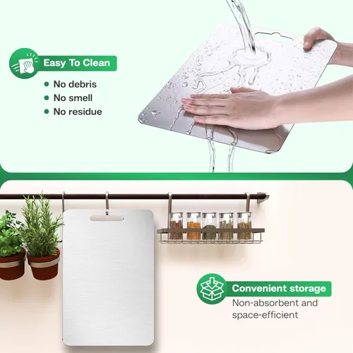 Vista 8 de Tablas de cortar de acero inoxidable para cocina, acero inoxidable 304 de grado alimenticio, tabla de cortar no tóxica de doble cara, tablas