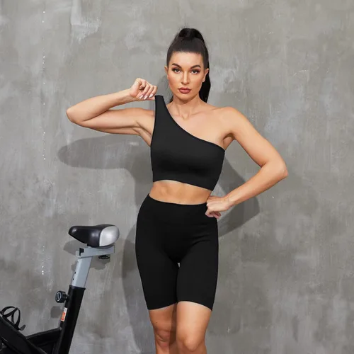 Vista 2 de Plubedo Conjuntos de entrenamiento para mujer, 2 piezas, acanalados, sin costuras, con un hombro, de cintura alta, para yoga, conjunto deportivo