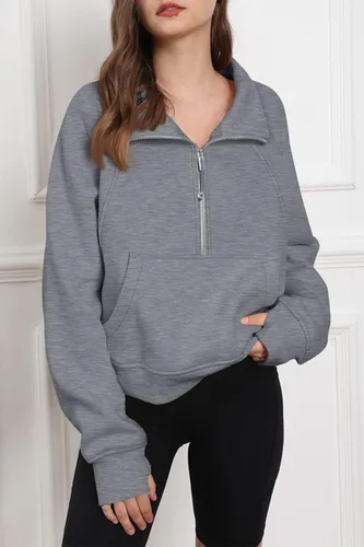 Vista 2 de Trendy Queen Sudadera corta con media cremallera para mujer, sudadera de forro polar con cremallera de un cuarto, ropa de invierno, suéter