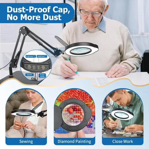 Vista 6 de Lupa de 15X 30X con luz y soporte, lámpara de escritorio LED con base y abrazadera, 5 modos de color, 10 niveles regulables, lupa manos libres