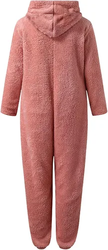 Vista 4 de Lastesso Pijama de invierno con capucha para mujer, de una sola pieza, de sherpa, lindo overol con cremallera completa, conjunto de ropa de dormir