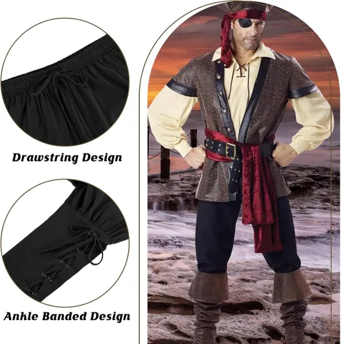 Vista 3 de Pantalones piratas para hombre, con banda de tobillo, pantalones renacentistas medievales, vikingos, pantalones de navegador, disfraz de Halloween