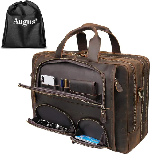 Vista 8 de Augus Maletín de viaje de negocios de cuero genuino bolsas de lona para hombres bolsa de portátil se adapta a 15.6 pulgadas portátil
