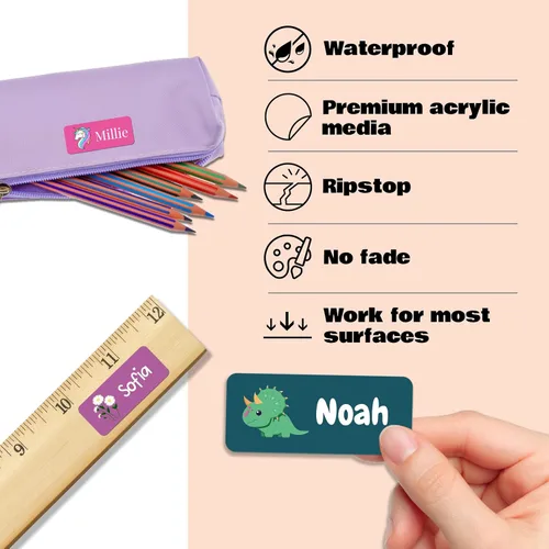Vista 3 de 128 etiquetas adhesivas de nombre personalizadas para guardería, etiquetas de nombre impermeables personalizadas para niños, suministros escolares