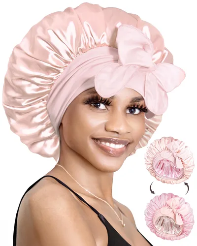 Vista 17 de BONNET QUEEN Gorro reversible de satén de seda para dormir, doble capa, ajustable, trenzas rizadas, peluca de cabello natural, banda para gorro
