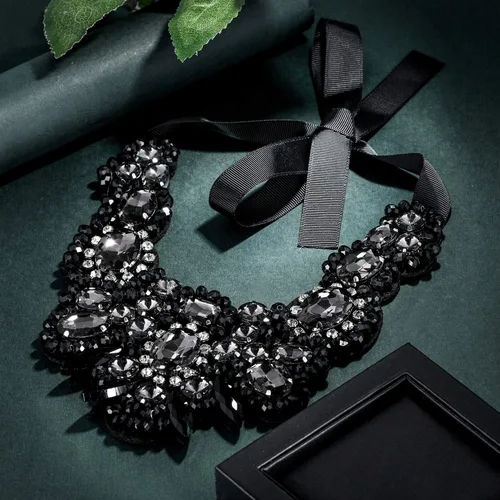 Vista 5 de Flyonce - Collar de diamantes de imitación con cuentas de cristal, collar tipo babero con cuentas gruesas, joyería para mujer Negro