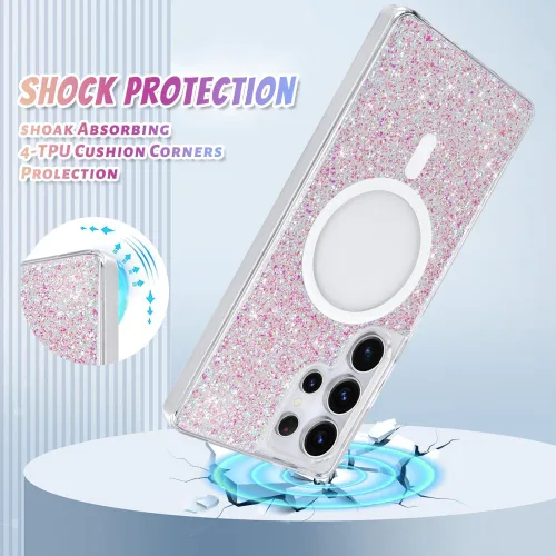 Vista 463 de Bonoma - Funda compatible con Samsung Galaxy S21 Plus, diseño de corazón con purpurina, color rosa Support for MagSafe, Plating Magnetic Case TPU