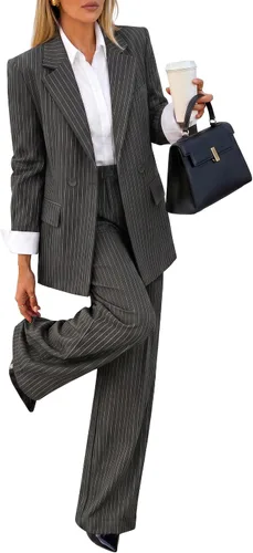 Vista 10 de ZESICA Conjunto de traje de rayas de 2 piezas para mujer, trajes casuales