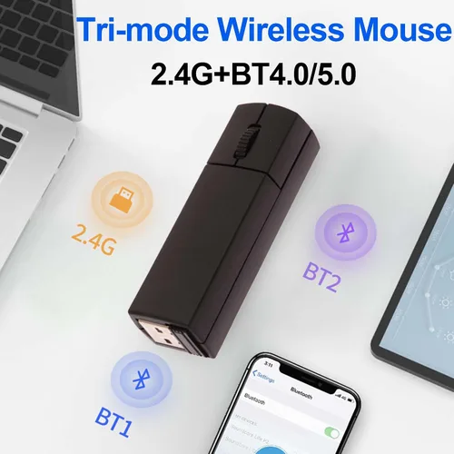 Vista 2 de Ratón Bluetooth inalámbrico, mini 3 modos (BT4.0/5.0+2.4G) Ratones de viaje recargables sin ruido con funda para mouse, 3 botones 1200 DPI Ratones