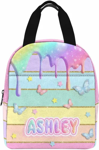 Vista 28 de InterestPrint Bolsa de almuerzo con nombre personalizado para hombres y mujeres, diseño de mariposa rosa y azul personalizada, caja de almuerzo