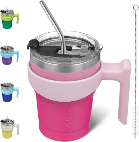 Vista 44 de BJPKPK Mini vaso de 10 onzas con tapa, popote y asa, taza de acero aislada