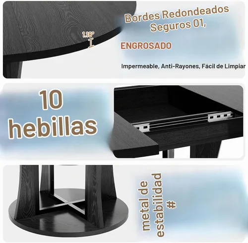 Vista 5 de Mesa de comedor redonda extensible de 43.3 a 59 pulgadas para 4 a 8, moderna mesa de comedor ovalada de cocina con estante de almacenamiento, mesa