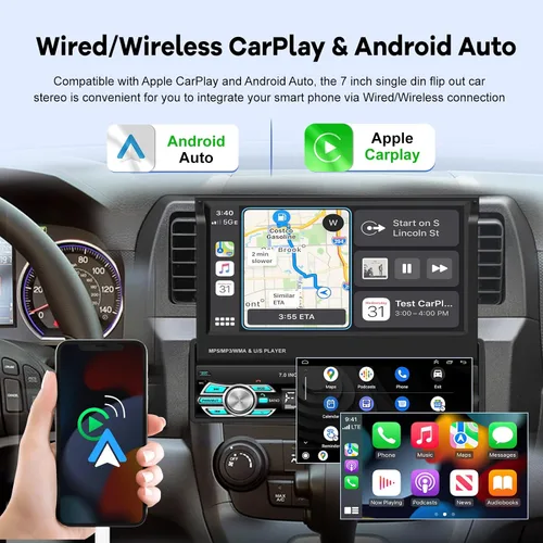 Vista 2 de Estéreo de coche con pantalla abatible Single Din con Carplay inalámbrico y Android Auto, pantalla táctil de 7 pulgadas, 1 Din, compatible