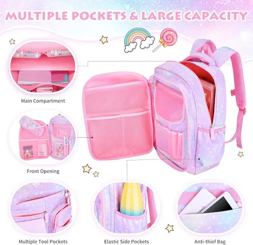 Vista 3 de Mochila para niñas, mochilas escolares de 16 pulgadas para niñas, bonita bolsa de libros para niñas, niños, estudiantes, escuela primaria, Púrpura