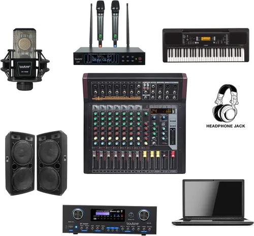 Vista 4 de Boytone BT-88MX- Mezclador de sonido de audio Bluetooth Studio de 9 canales, interfaz de controlador de sonido DJ, conector de micrófono XLR, 1