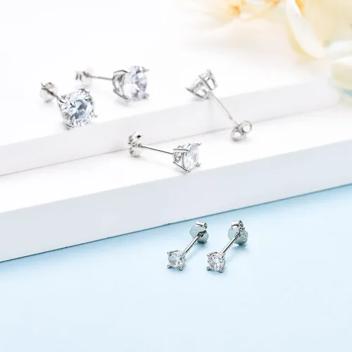 Vista 4 de Aretes de tuerca de plata de ley para mujer, 3 pares de aretes pequeños de circonita cúbica para cartílago, pequeños aretes de trago