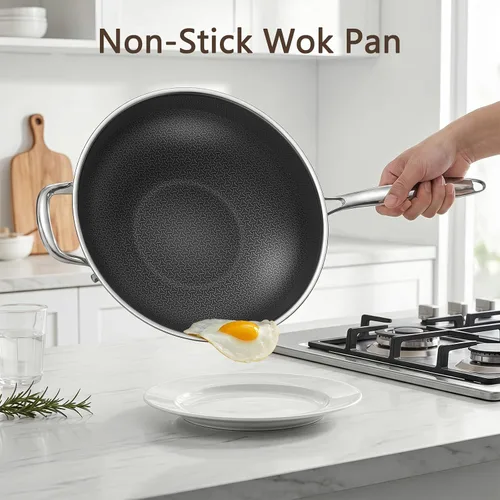 Vista 2 de Sartén híbrida de acero inoxidable de 12.5 pulgadas con tapa, sartén antiadherente texturizada con láser, sin PFOA, compatible con inducción, apta