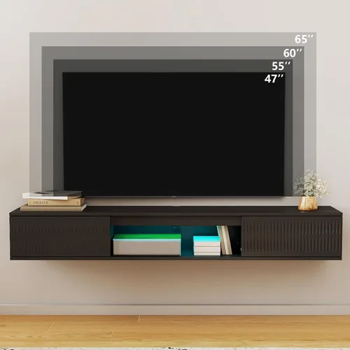 Vista 4 de Vibe & Dine Soporte de TV LED con diseño de patrón en espiral, soporte de TV flotante de 63 pulgadas con luces RGB, centro de entretenimiento