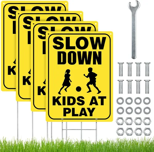 Vista 8 de Zonon 4 juegos de señales de seguridad para niños en juego con alambre de metal en H, tornillos reflectantes, impermeables, precaución para niños