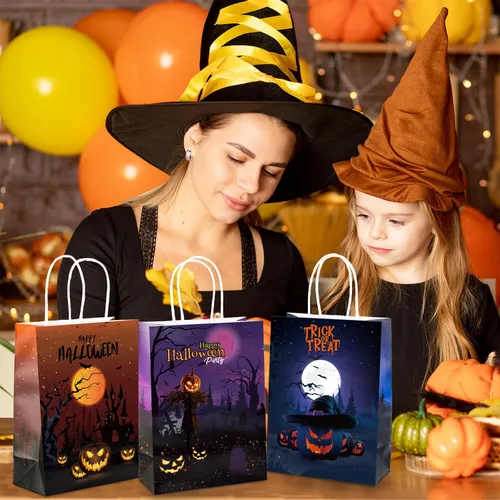 Vista 6 de BLEWINDZ 24 bolsas de regalo de papel de Halloween con pañuelos, bolsas de golosinas de Halloween con asa para truco o trato y recuerdos de fiesta