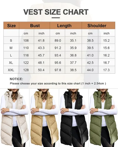 Vista 4 de Ebifin Chaleco acolchado largo para mujer, sin mangas, con capucha y cremallera completa, con bolsillos