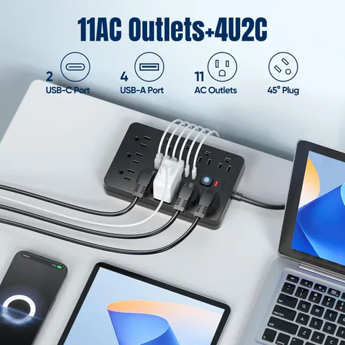 Vista 2 de JouleLoom Tira de alimentación con protector contra sobretensiones de enchufe plano de 6 pies, 11 tomas de corriente alterna con 6 puertos USB