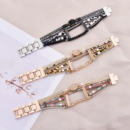 Vista 6 de VISOOM Pulsera bohemia con cuentas compatible con Fitbit Versa 2/Fitbit Versa/Versa Lite, correas de cuero a la moda, linda, hecha a mano, multicapa