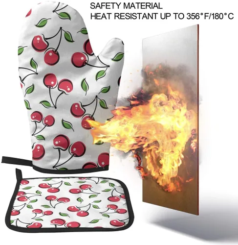 Vista 6 de Juego de 2 guantes de horno y soportes para ollas de cereza roja, resistentes al calor, con superficie antideslizante para una barbacoa segura