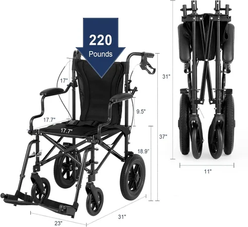 Vista 2 de Medwarm Silla de ruedas de transporte ultraligera para adultos y niños, pesa solo 22 libras, silla de ruedas plegable de viaje con frenos de mano