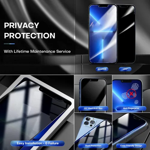 Vista 6 de TOCOL Paquete de 2 + 2 protectores de pantalla de privacidad compatibles con iPhone 13 Pro 5G de 6.1 pulgadas, protector de pantalla de privacidad