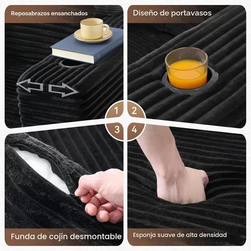 Vista 8 de Sofá modular en forma de L de 106 pulgadas con diván, sofá de pana sin hueso con reposabrazos anchos y portavasos para sala de estar y dormitorio