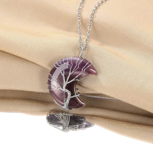 Vista 5 de Bestyle Collar de cristal curativo envuelto en árbol de la vida, colgante de piedra natal de 12 meses para mujer, joyería de piedras preciosas