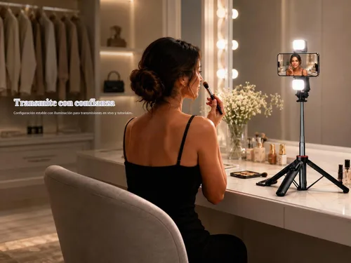 Vista 3 de Beauty Creator - Trípode con luz para iPhone, trípode de teléfono de 53 pulgadas Detachable LED light and Bluetooth remote for makeup tutorials