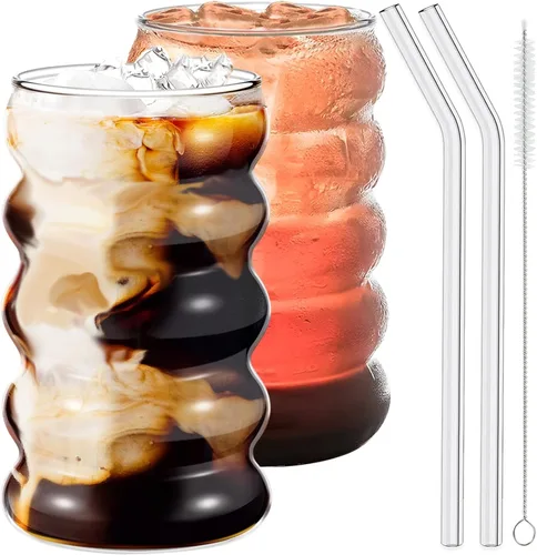 Vista 11 de Ework4U 2 Piezas Vasos para Beber con Popote de Vidrio de 14 Onzas Juego de Cristalería, Vasos de Cóctel, Vasos de Café Helado, Vasos de Cerveza