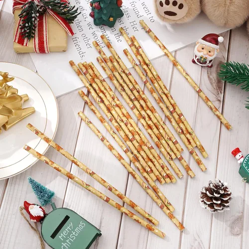 Vista 3 de 200 popotes de Navidad para hombre de jengibre, pajitas de papel desechables de Navidad marrones para bebidas y decoraciones de cócteles