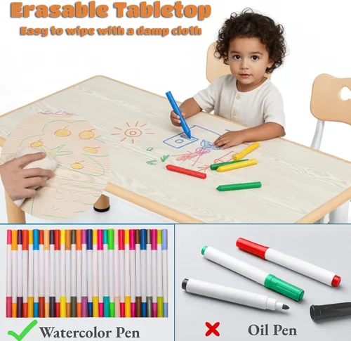Vista 5 de Arlopu Mesa y 4 sillas para niños, juego de escritorio y sillas para niños pequeños de altura ajustable, patas antideslizantes, escritorio de Beige