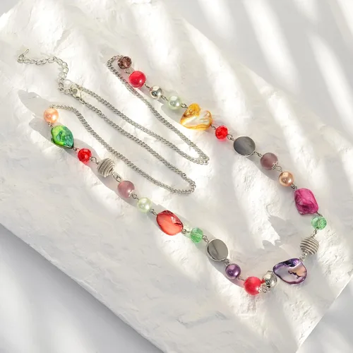 Vista 6 de FULU AUTUMN Collares largos de cuentas para mujer, collar de cadena de eslabones de plata con cuentas de cristal de concha, regalos de fiesta