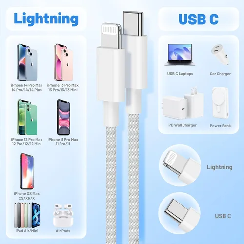 Vista 7 de Cable USB C a Lightning de 3/6/10 pies, [certificado Apple MFi], cable trenzado de carga rápida para iPhone, cable de carga tipo C para iPhone 14 13