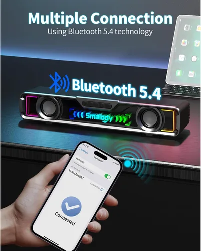 Vista 6 de [Usado] Smalody Altavoz de computadora de escritorio, altavoces inalámbricos de barra de sonido Bluetooth para PC, con cable USB potentes altavoces