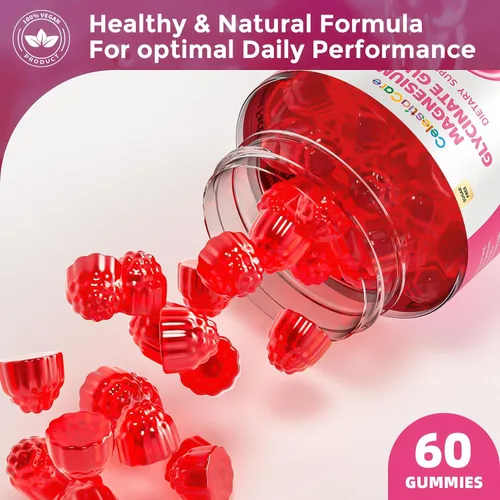 Vista 6 de Gomitas de glicinato de magnesio, alta absorción, apoyo muscular y nervioso, calma y relajación, salud ósea, cero azúcar, veganas, sin gluten, 60